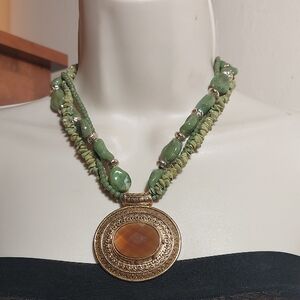 Triple Strand Green Tones Plastic Beads Necklace Faux Citrine Gold Tone Pendant